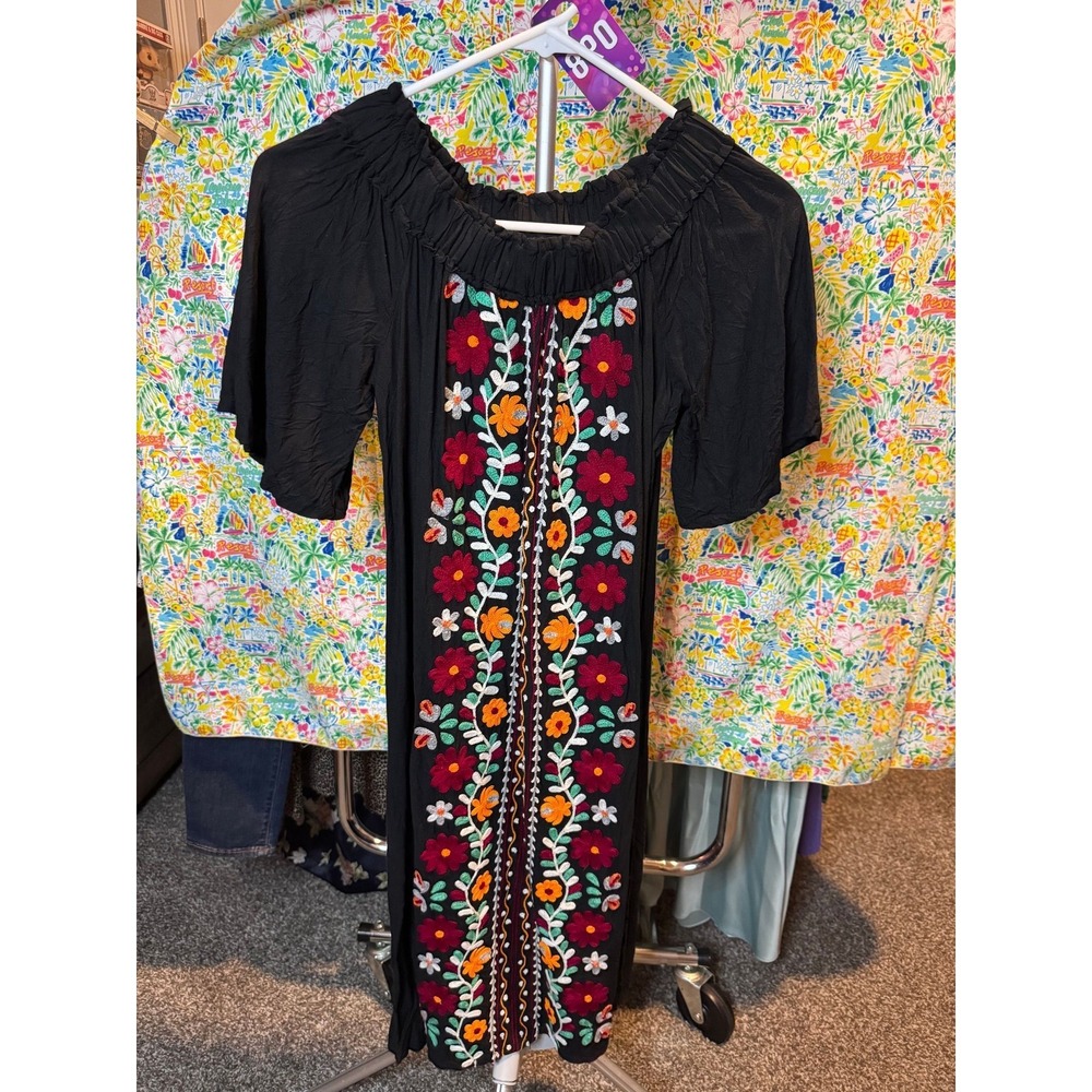 098 Pink and Silver Womens Black Floral Embroidered Boho Peasant Dress‎ L